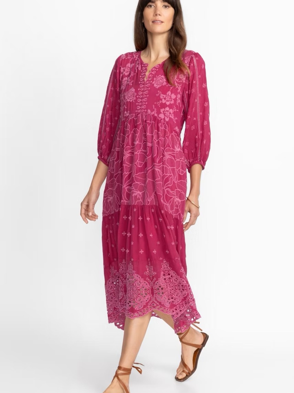 Johnny Was Gracie Hopscotch Tiered Midi Dress Rumba Red XS